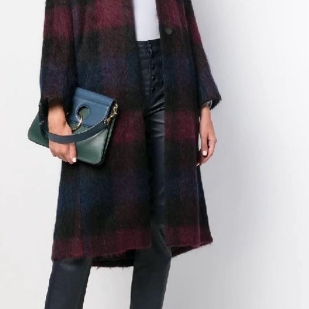 🖤❤️💙 VINCE Brushed Plaid Wool Blend Long Coat RAISIN BLUE PLAID ITALIAN